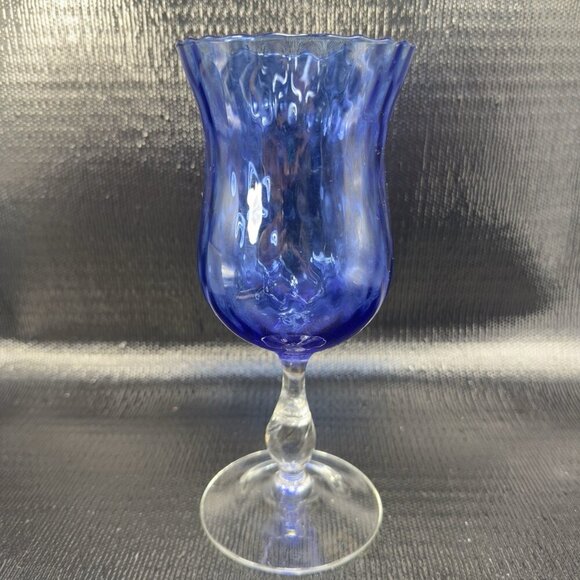 Vintage Venetian Tall Optic Pattern Goblet Compote Cup Cobalt Blue Stem Glass - Picture 10 of 14